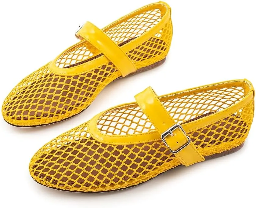 Fandimeier Mesh Ballet Flats for Women Fishnet Comfy Buckle Strap Ballerina Dressy Daily Flat Shoes
