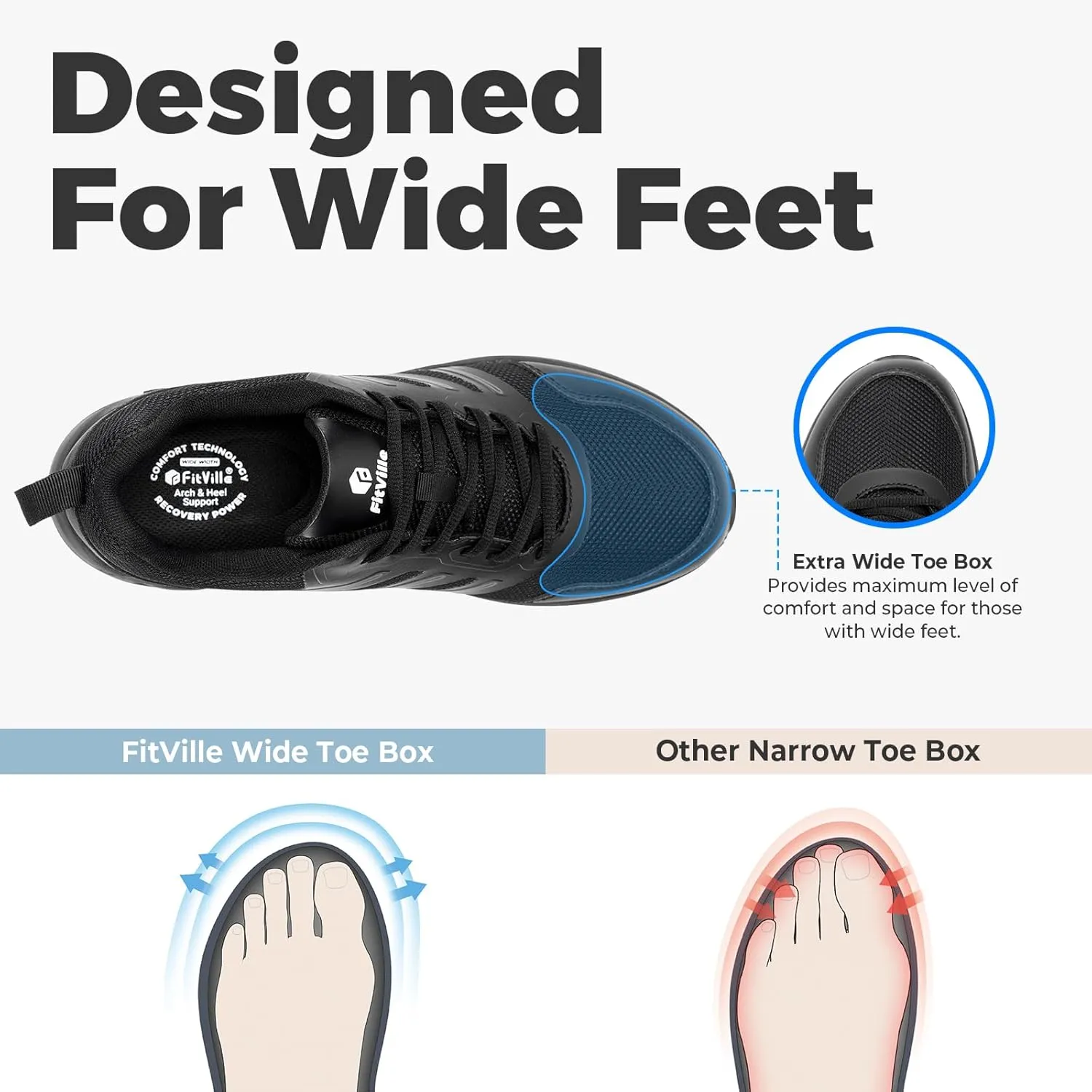FitVille Extra Wide Mens Running Shoes Orthopedic Sneakers for Plantar Fasciitis Lightweight Men's Trail Running Shoes for Diabetic Men Wide Toe Box Shoes for Flat Feet Heel Pain Relief