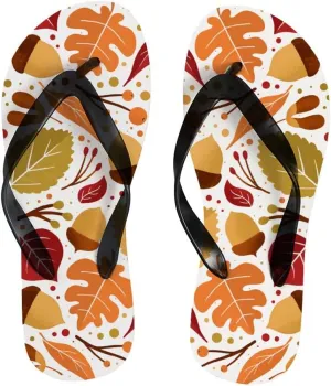 Flip Flops for Women Girls Autumn Leaves Acorns Berries Summer Casual Thong Slippers Slide Flat Sandals for Beach