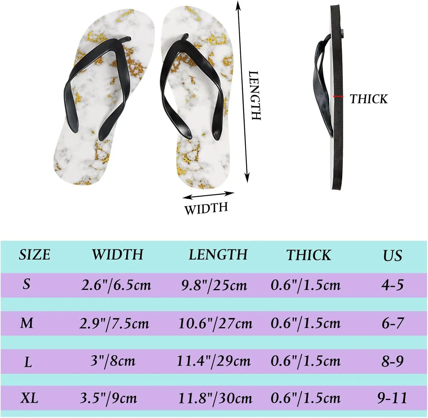Flip Flops for Women Girls Gold White Marble Summer Casual Thong Slippers Slide Flat Sandals for Beach