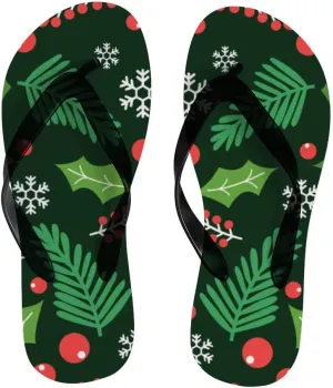 Flip Flops for Women Girls Green Berry Branch Snowflakes Summer Casual Thong Slippers Slide Flat Sandals for Beach