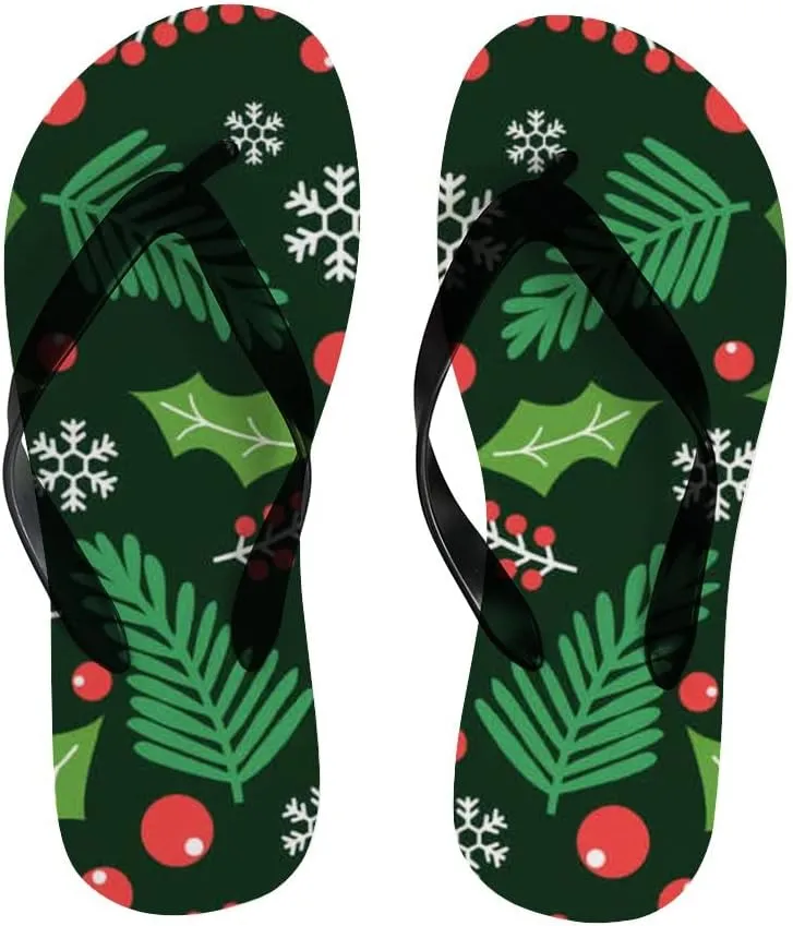 Flip Flops for Women Girls Green Berry Branch Snowflakes Summer Casual Thong Slippers Slide Flat Sandals for Beach