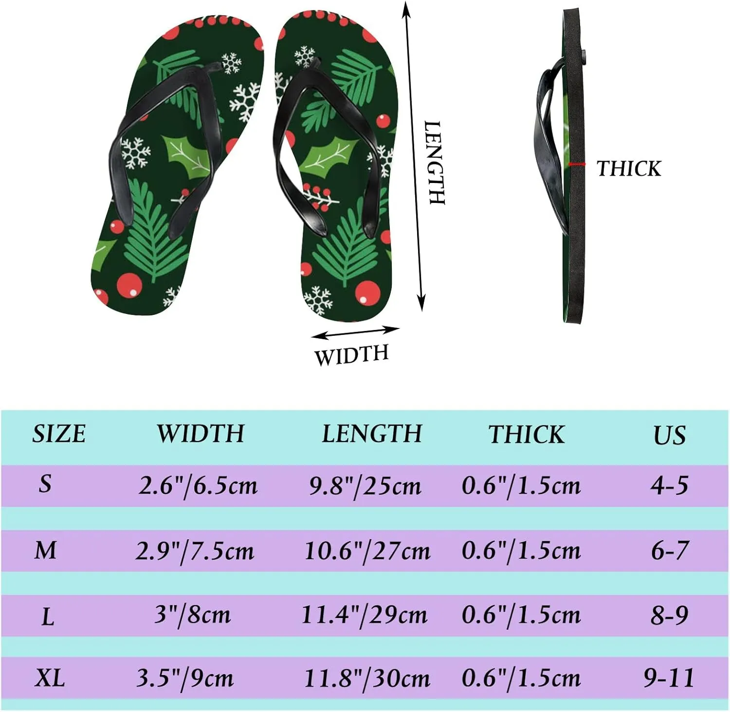 Flip Flops for Women Girls Green Berry Branch Snowflakes Summer Casual Thong Slippers Slide Flat Sandals for Beach