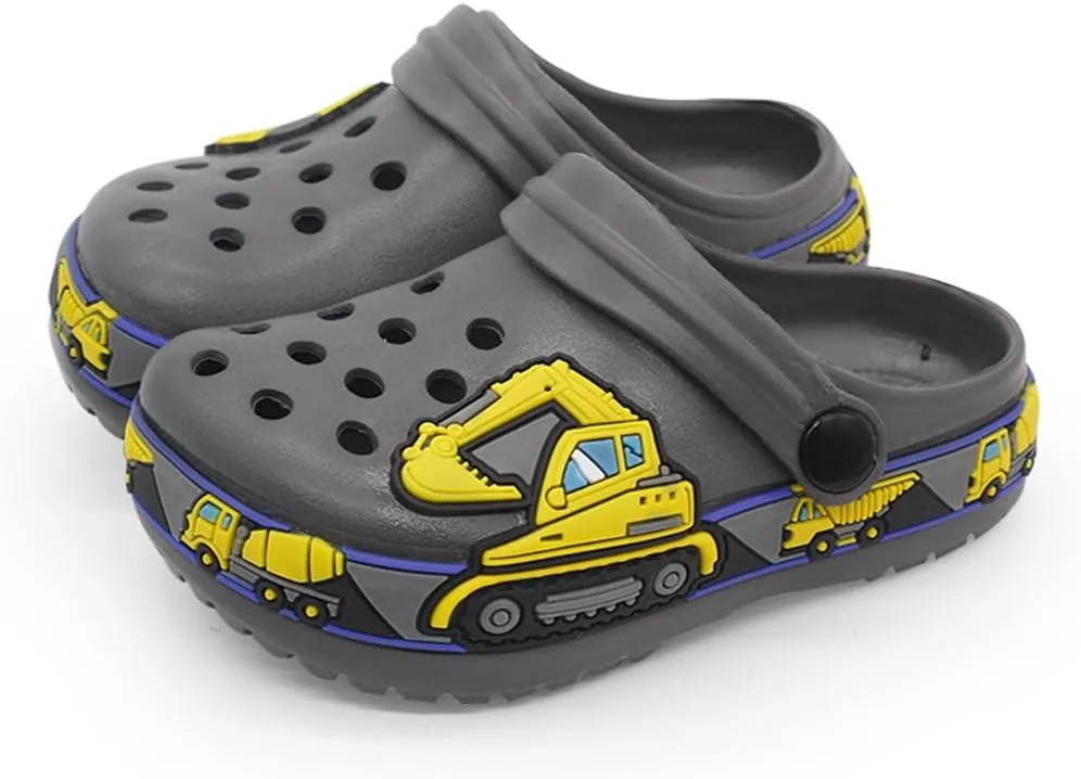 FolHaoth Toddlers Cute Cartoon Excavator Racecar Pattern Boys Girls Clogs Slip On Lightweight Breathable Kids Sandals Non Slip Indoor Outdoor Beach Pool Shower Slippers Shoes