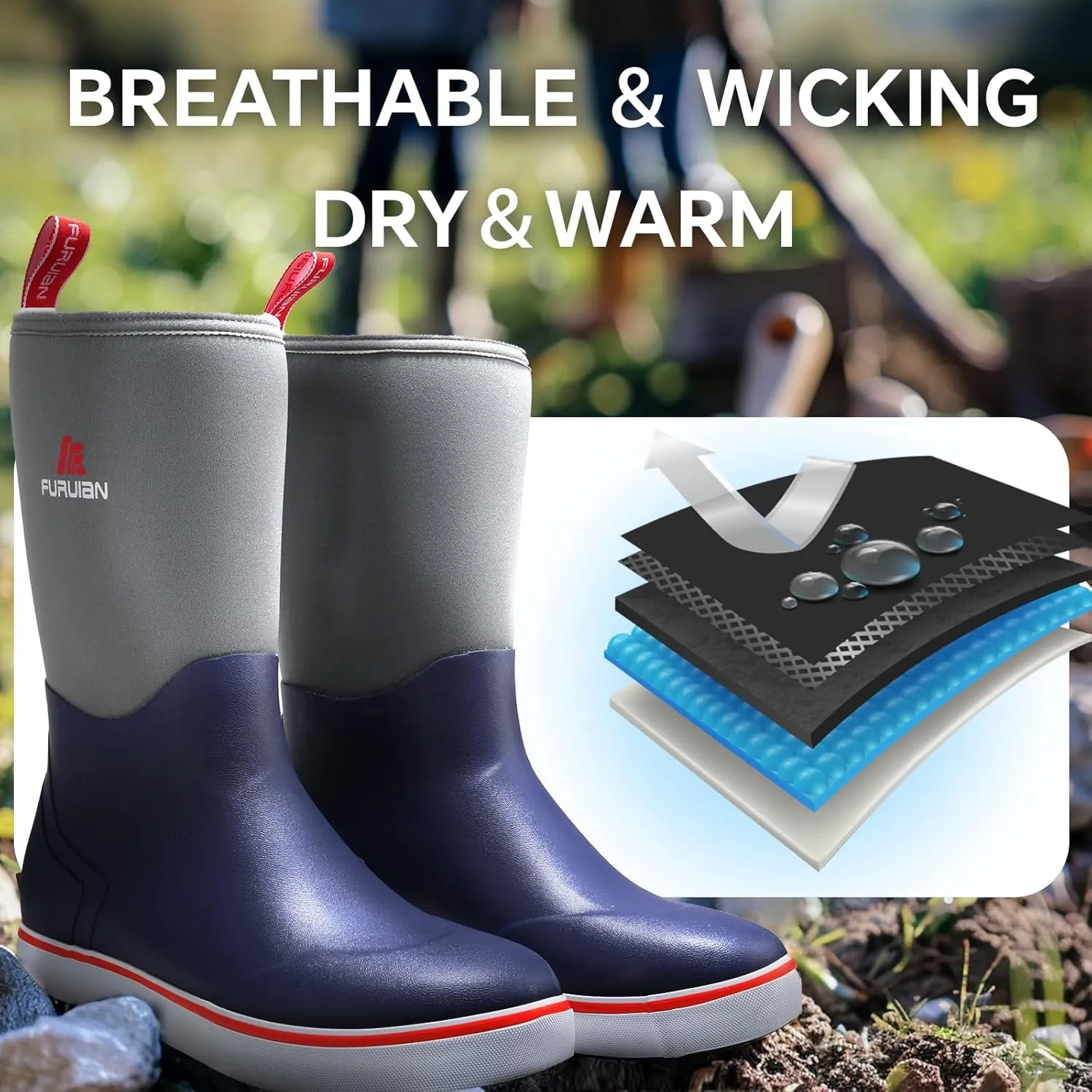 Furuian Men's Deck Boots Mid Calf Fishing Boots Rubber Boots for Men Waterproof Work Boots Longshore Durable Anti Slip Rain Boots