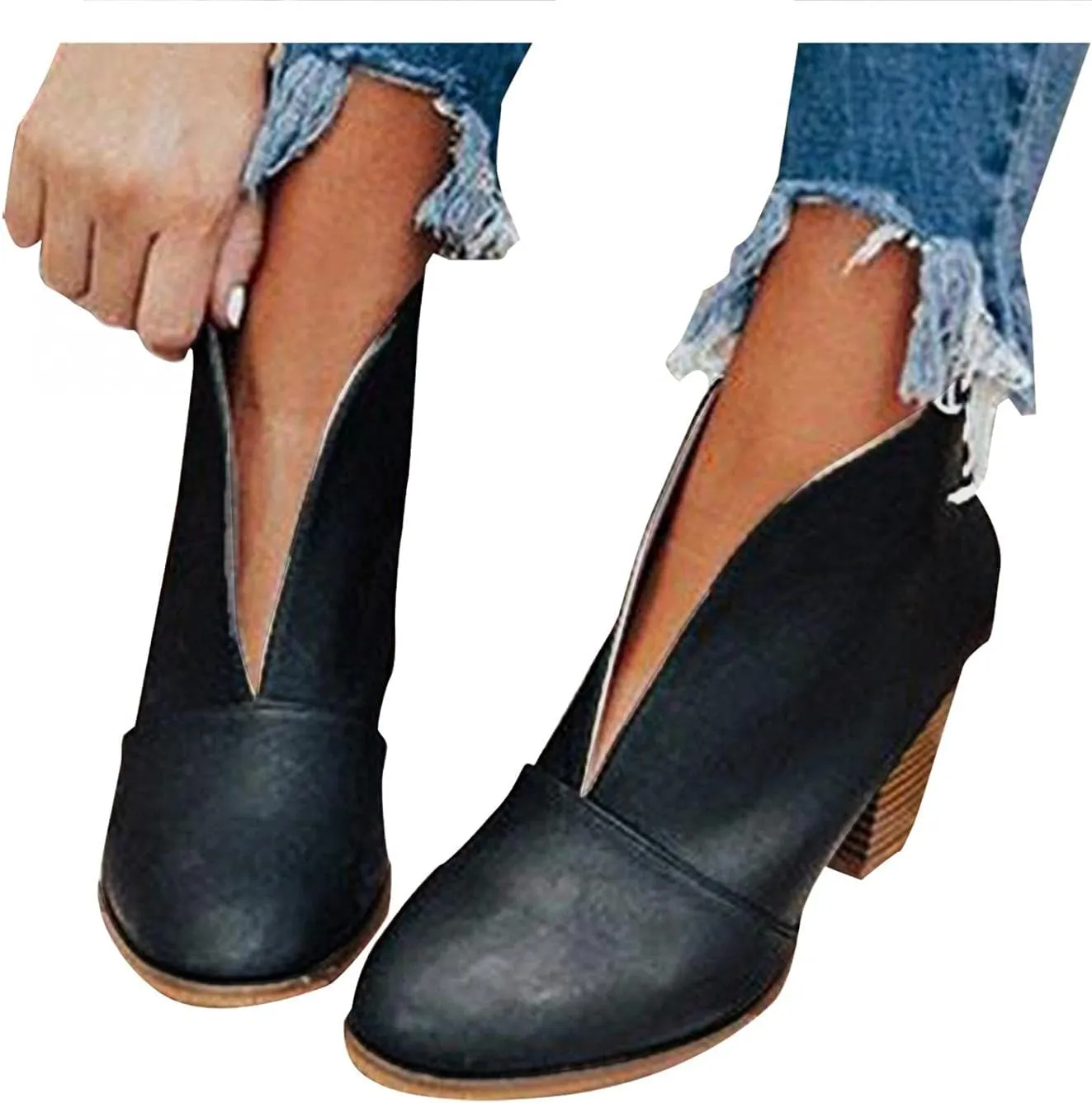 Gibobby Ankle Booties for Women with Heel,Ankle Boots Pointed Toe Faux Leather Stacked Low Heel Side Suede Booties