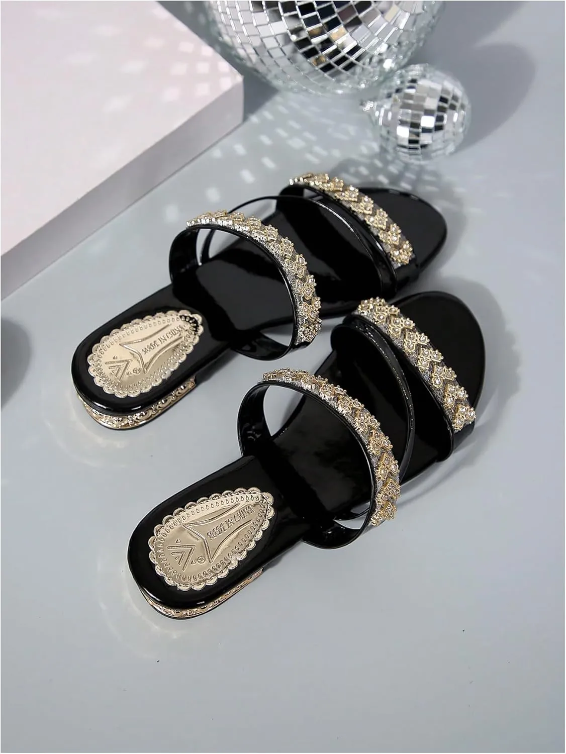 GORGLITTER Women's Gold Sandals Strappy Flat Sandals Summer Sparkly Sandals