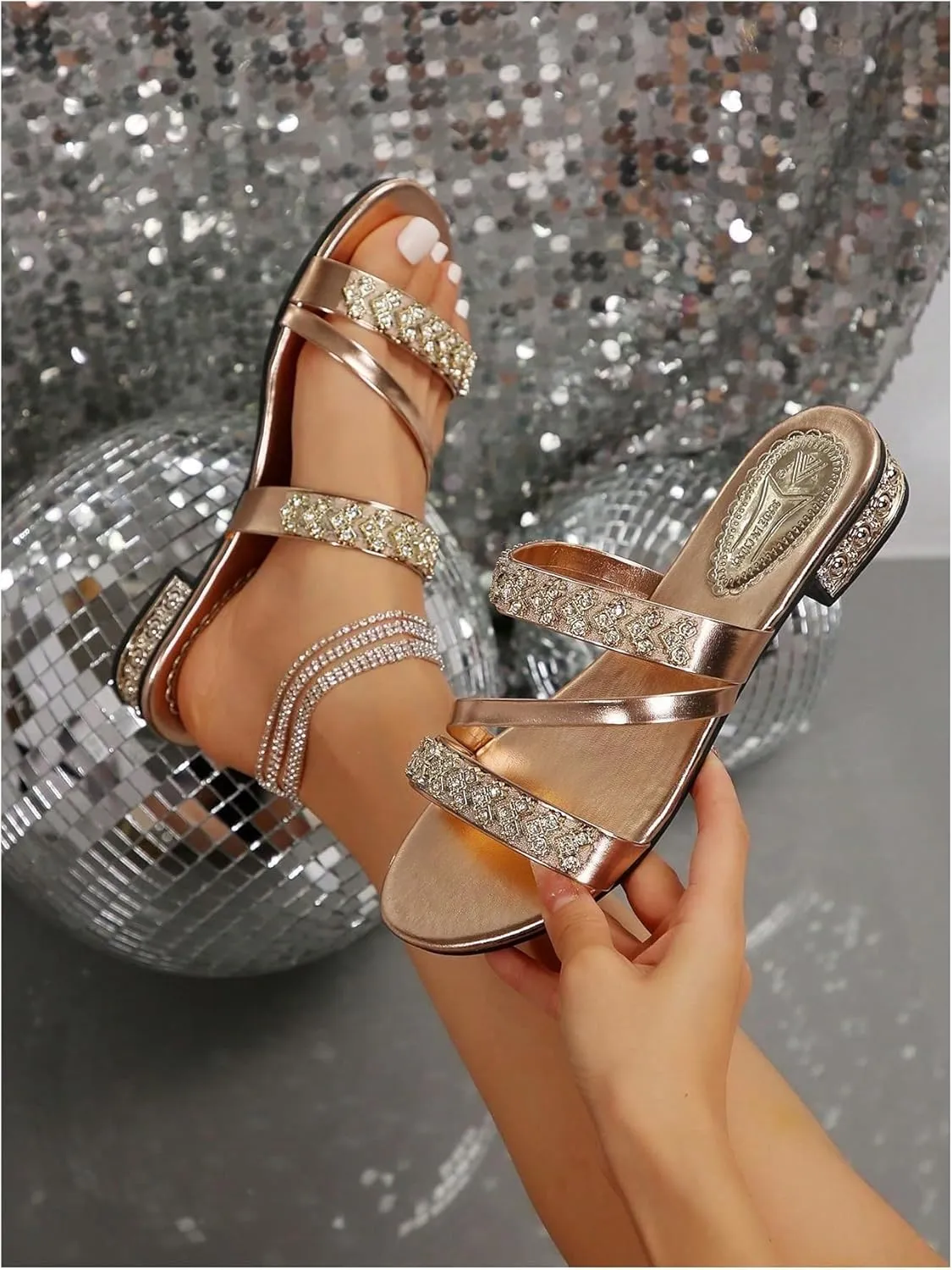 GORGLITTER Women's Gold Sandals Strappy Flat Sandals Summer Sparkly Sandals