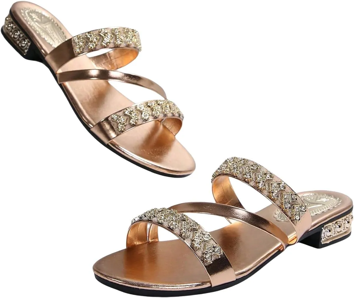 GORGLITTER Women's Gold Sandals Strappy Flat Sandals Summer Sparkly Sandals