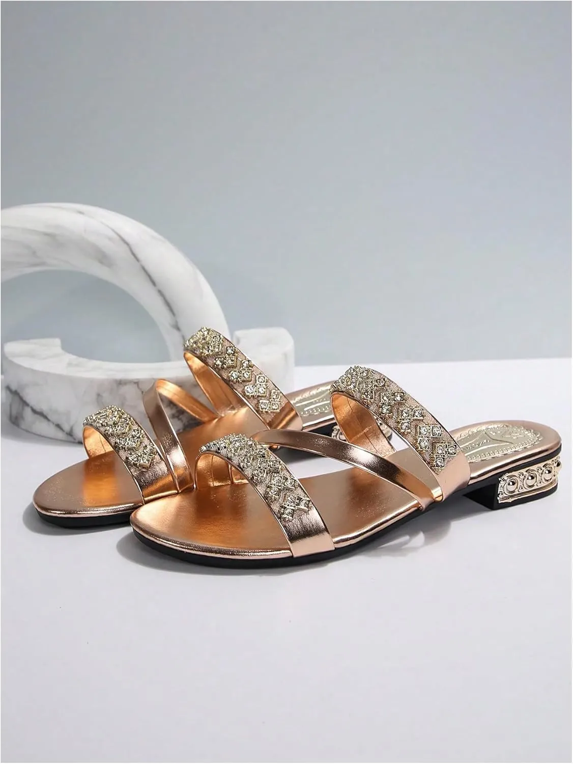 GORGLITTER Women's Gold Sandals Strappy Flat Sandals Summer Sparkly Sandals
