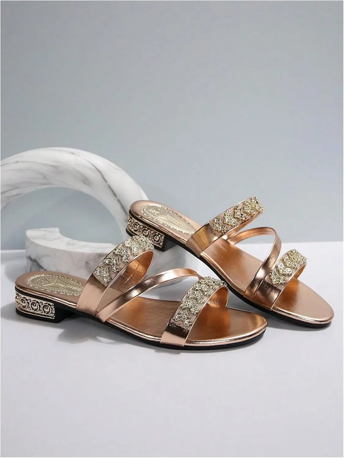 GORGLITTER Women's Gold Sandals Strappy Flat Sandals Summer Sparkly Sandals