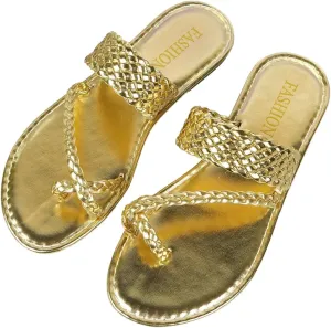 GORGLITTER Women's Gold Toe Ring Strappy Flat Sandals Dressy Metallic Open Toe Flip Flops Beach Slide Sandals 2025