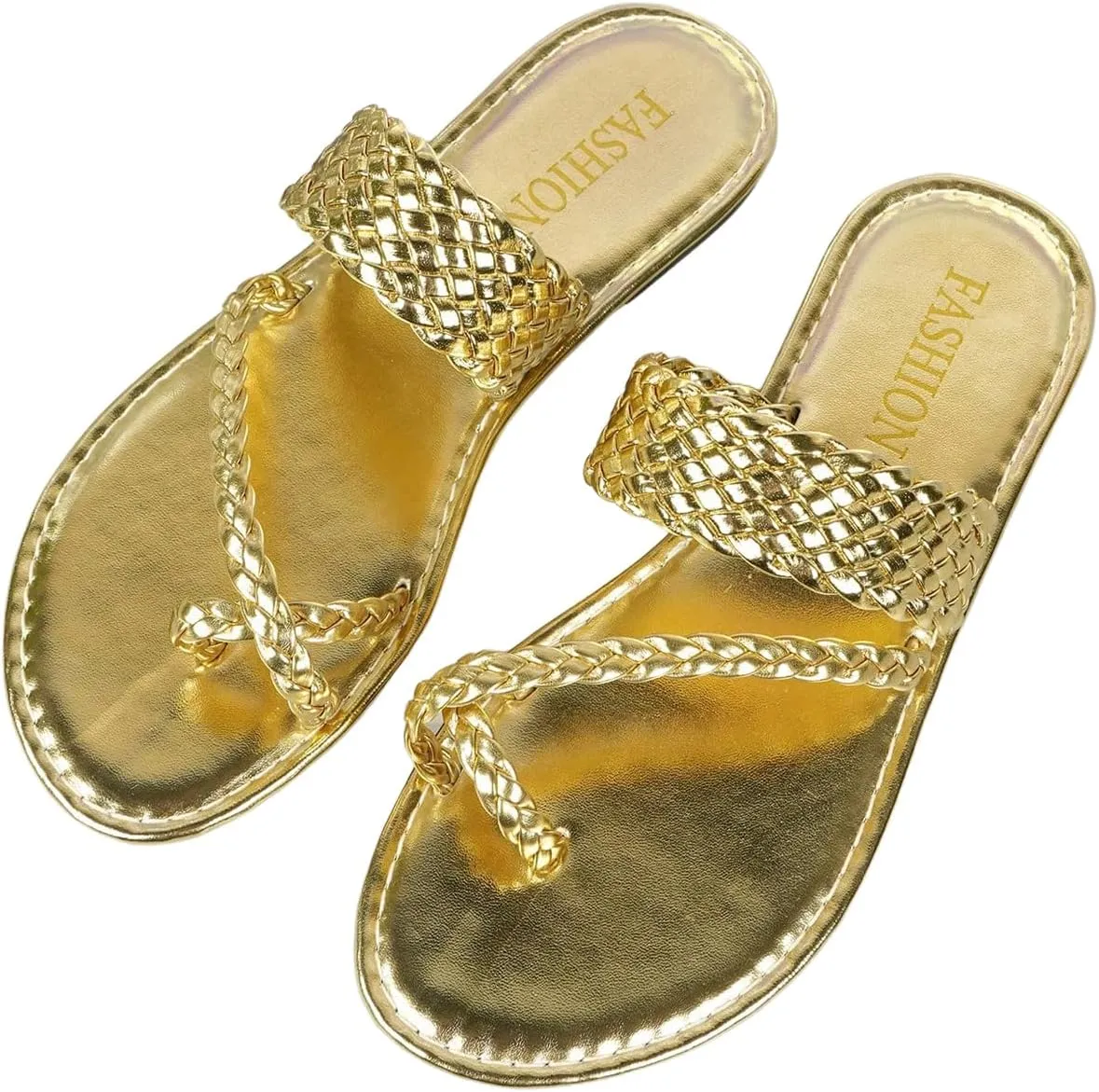 GORGLITTER Women's Gold Toe Ring Strappy Flat Sandals Dressy Metallic Open Toe Flip Flops Beach Slide Sandals 2025