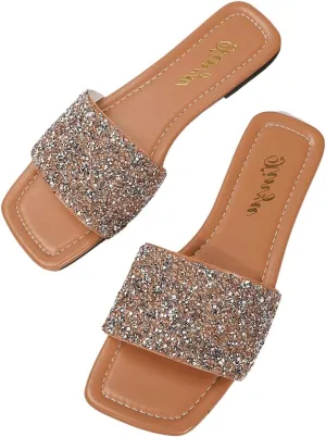 GORGLITTER Women's Rhinestone Sandals Glitter Strappy Sequin Shoes Square Toe Slide Flat Sandals