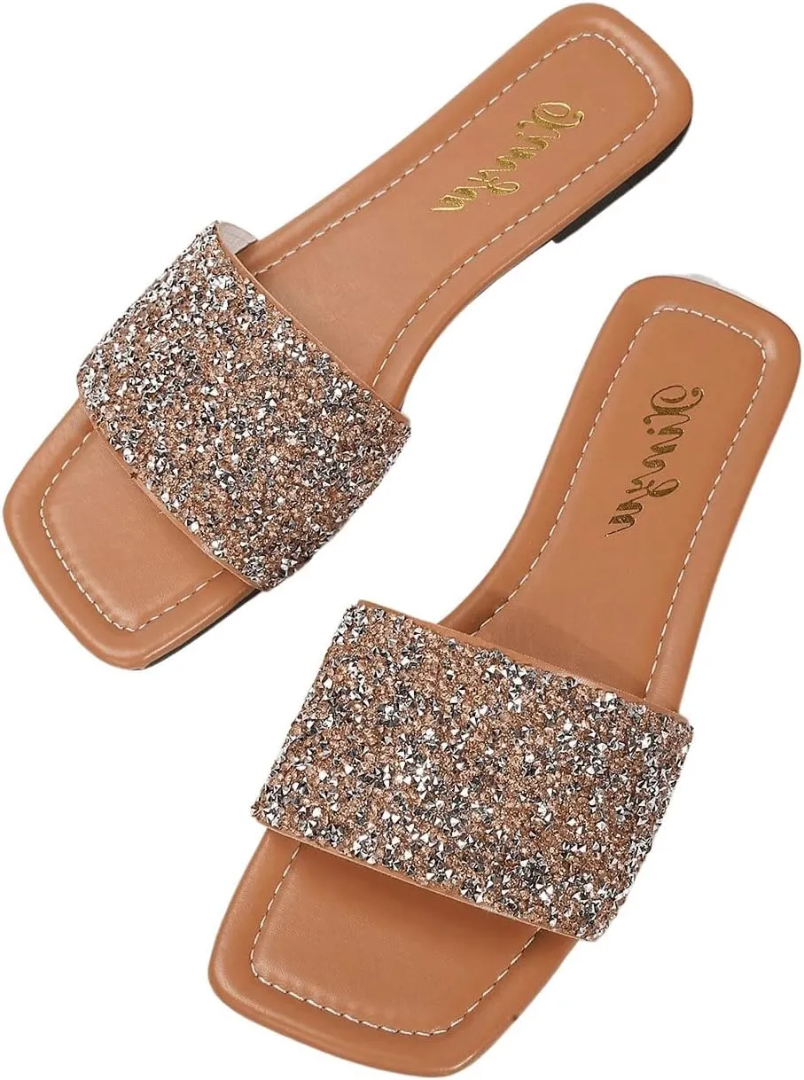 GORGLITTER Women's Rhinestone Sandals Glitter Strappy Sequin Shoes Square Toe Slide Flat Sandals