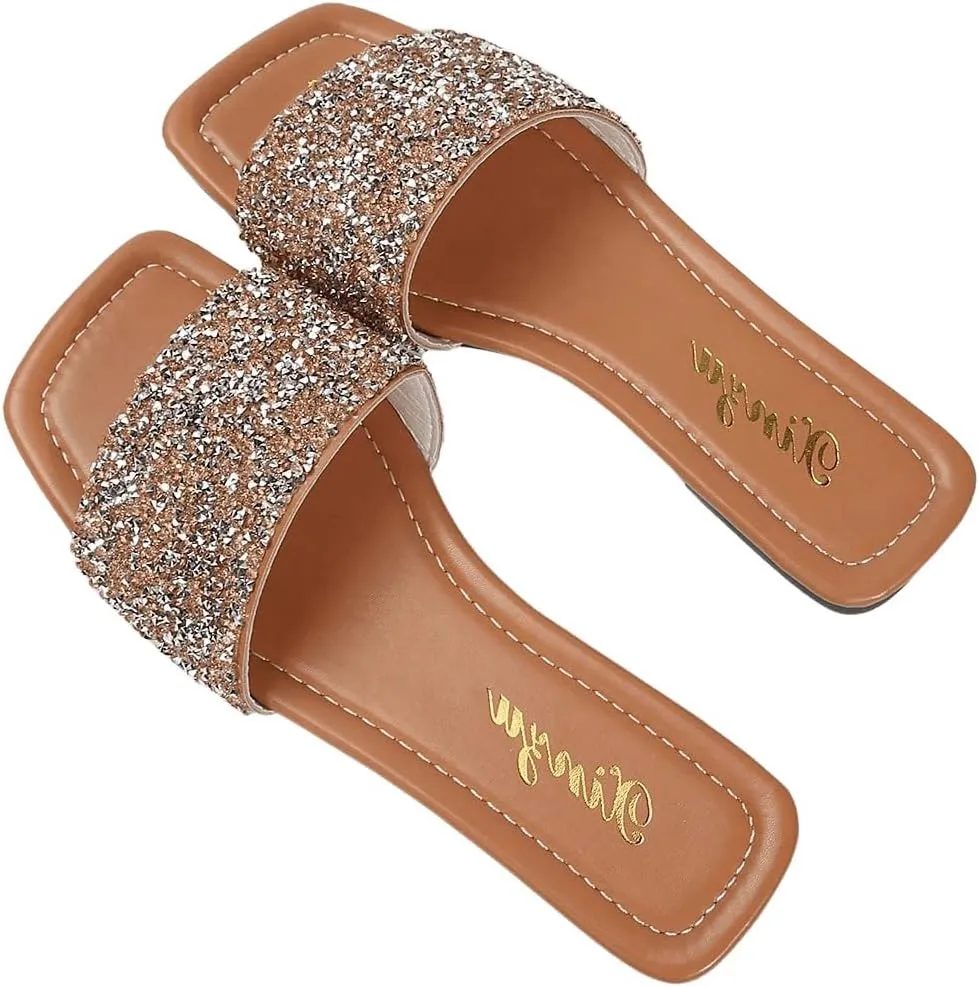 GORGLITTER Women's Rhinestone Sandals Glitter Strappy Sequin Shoes Square Toe Slide Flat Sandals