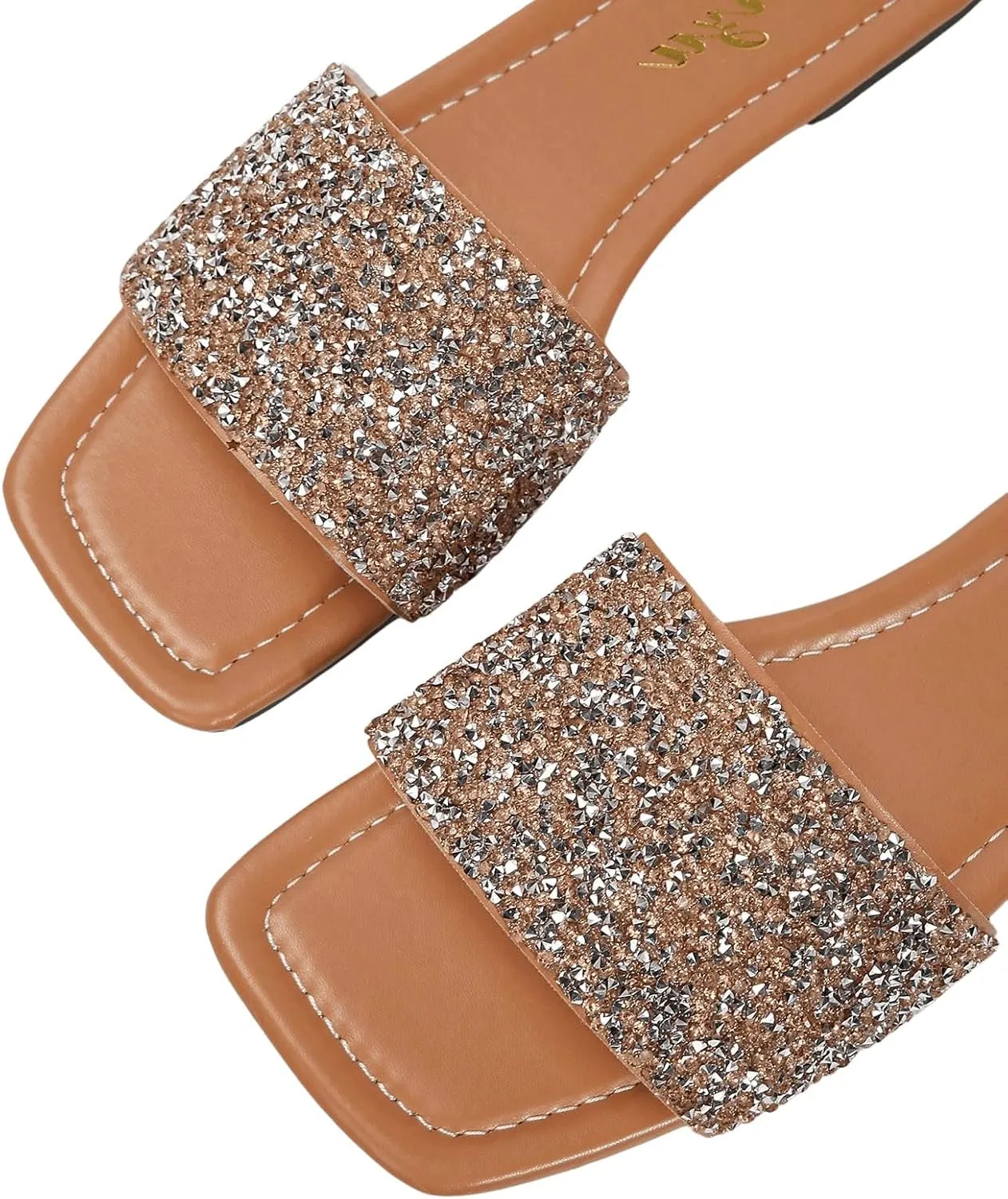 GORGLITTER Women's Rhinestone Sandals Glitter Strappy Sequin Shoes Square Toe Slide Flat Sandals