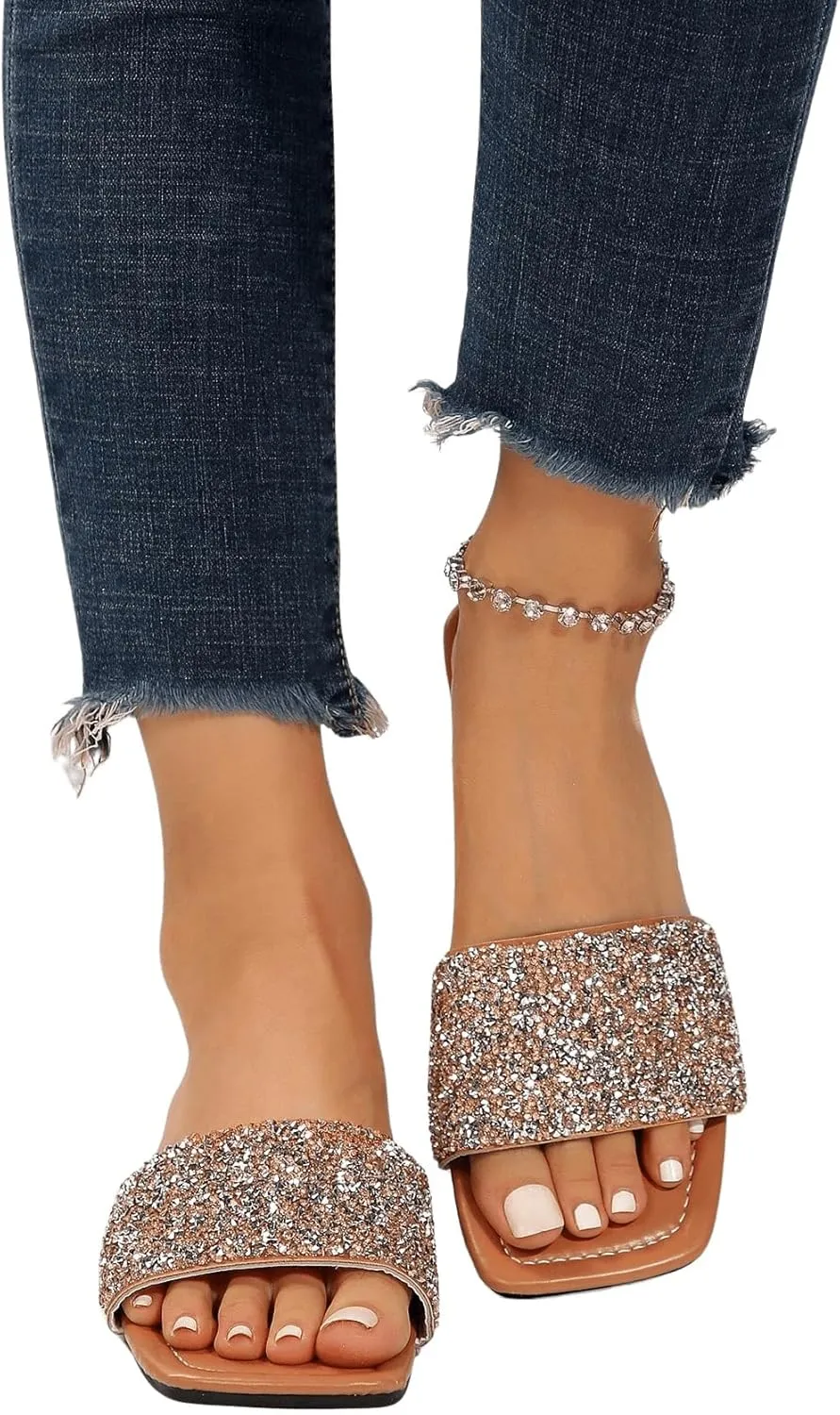 GORGLITTER Women's Rhinestone Sandals Glitter Strappy Sequin Shoes Square Toe Slide Flat Sandals