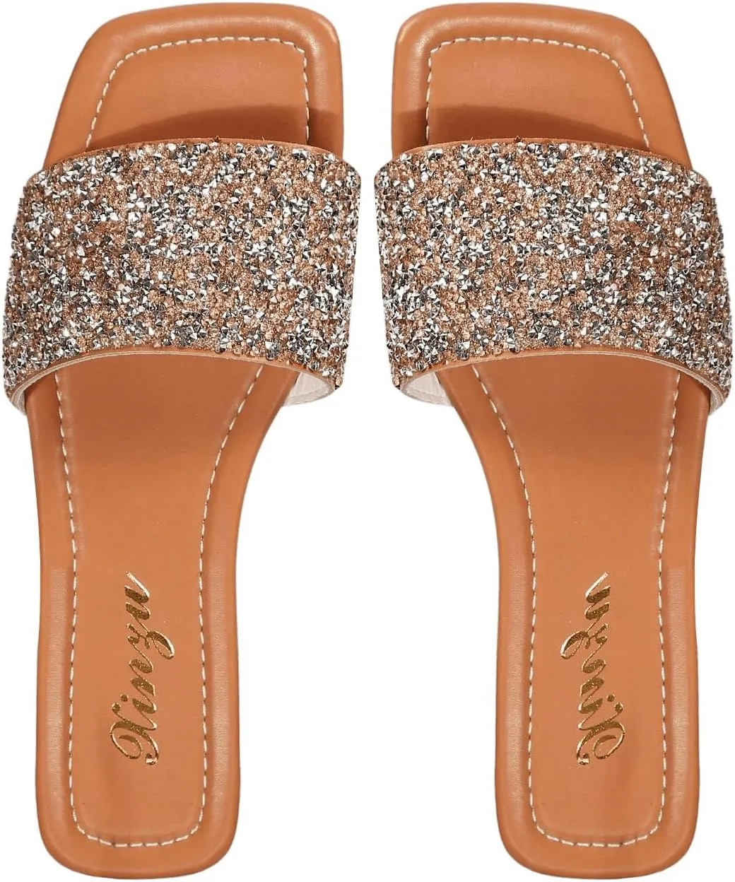 GORGLITTER Women's Rhinestone Sandals Glitter Strappy Sequin Shoes Square Toe Slide Flat Sandals