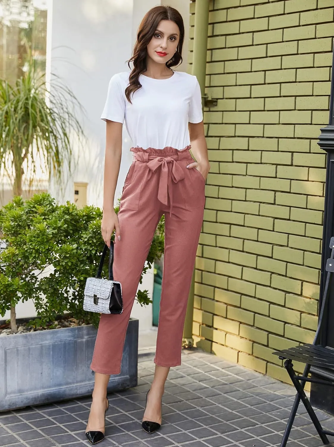 GRACE KARIN Women's Cropped Paper Bag Waist Pants with Pockets