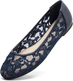 Greatonu Women's Flats Cut Out Round Toe Slip On Floral Ballet Flat Comfortable Lace Flats Dressy