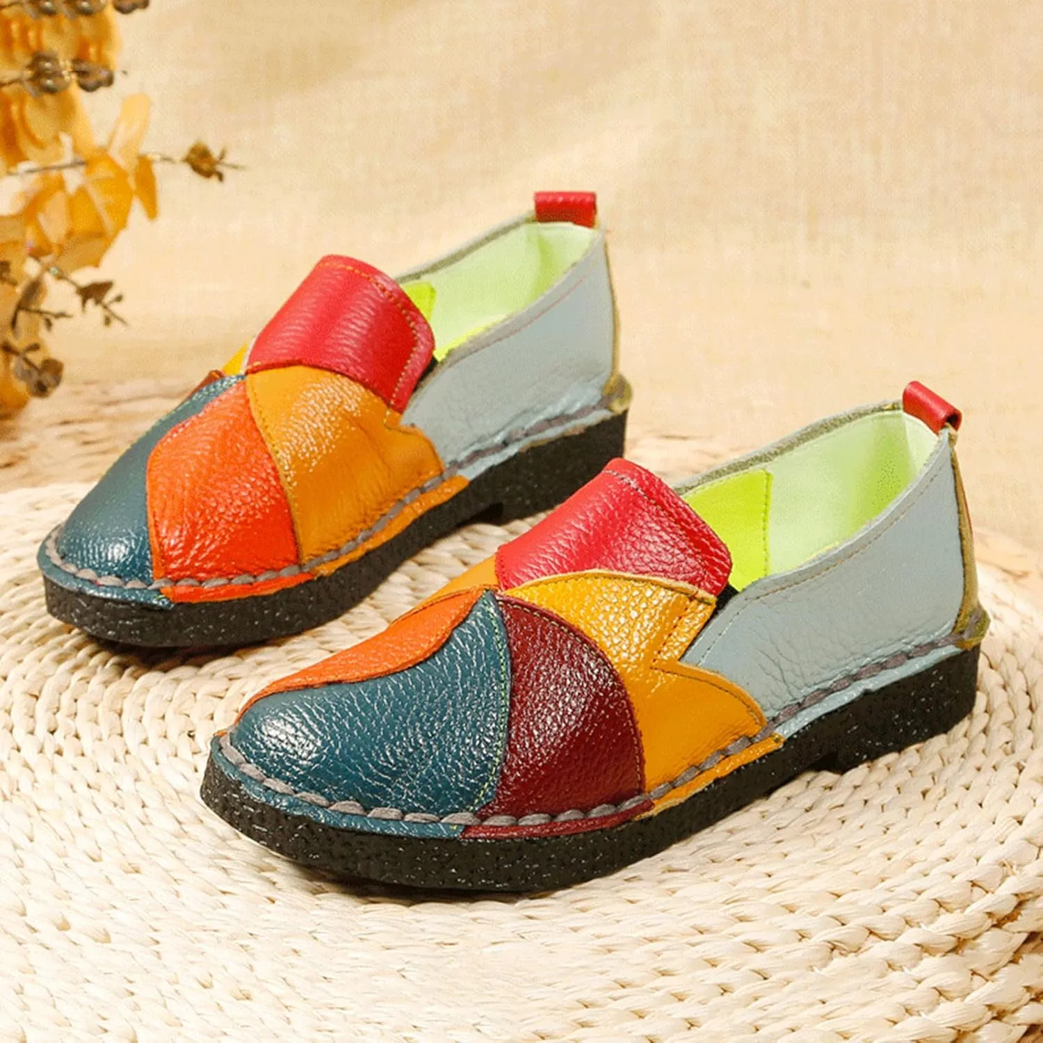 Hbeylia Fashion Sneakers for Women Retro Color Blocking Low Top Leather Round Toe Flats Breathable Slip On Chunky Bottom Dress Oxford Flats Walking Shoes Play Sneakers Loafers