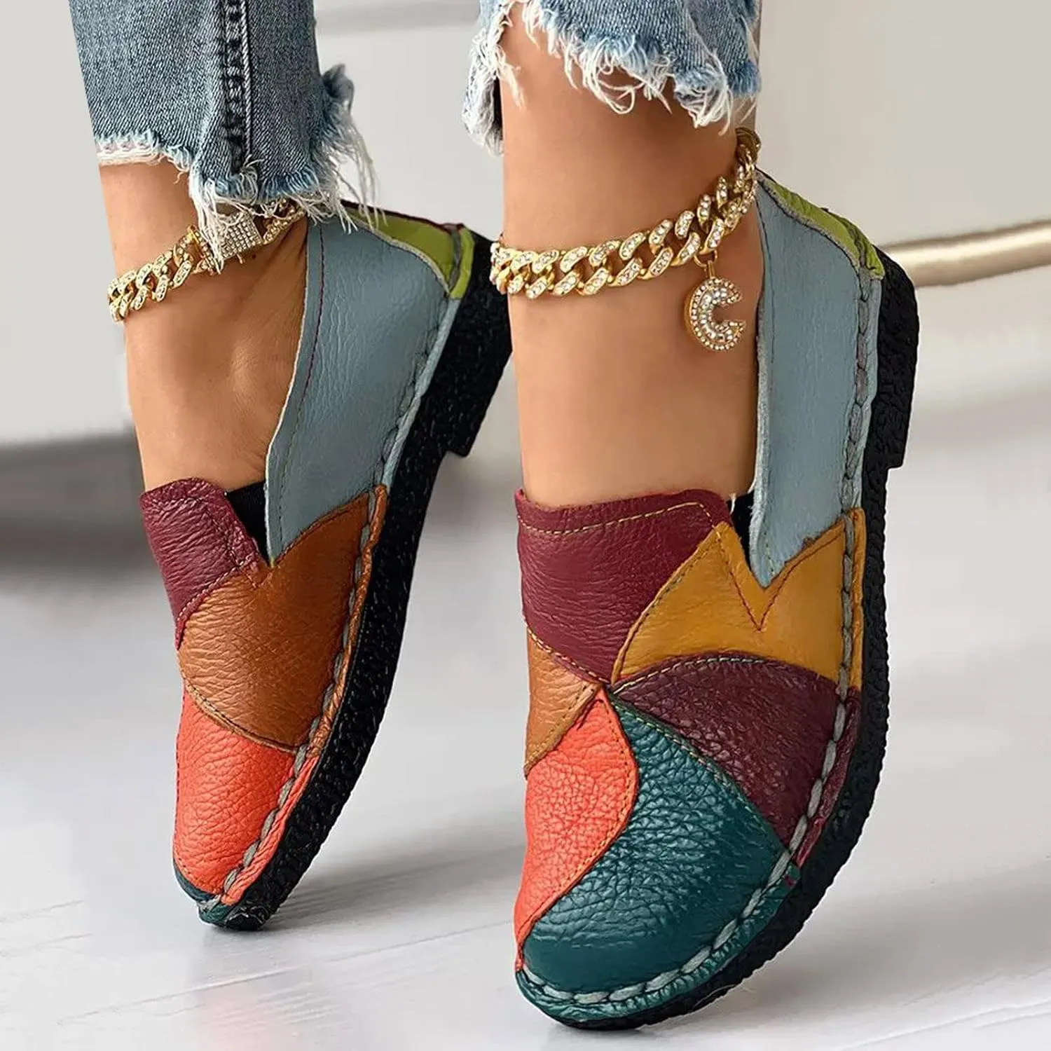 Hbeylia Fashion Sneakers for Women Retro Color Blocking Low Top Leather Round Toe Flats Breathable Slip On Chunky Bottom Dress Oxford Flats Walking Shoes Play Sneakers Loafers