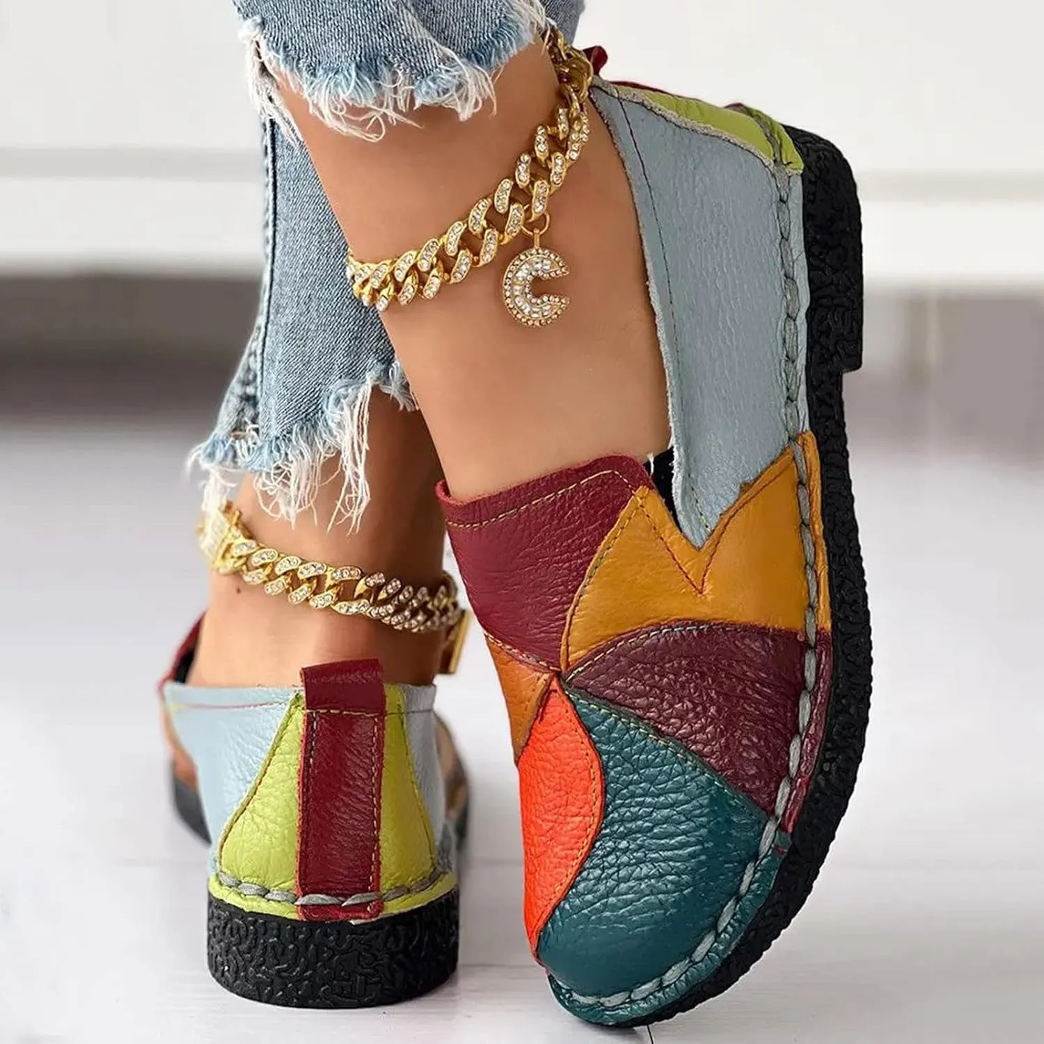 Hbeylia Fashion Sneakers for Women Retro Color Blocking Low Top Leather Round Toe Flats Breathable Slip On Chunky Bottom Dress Oxford Flats Walking Shoes Play Sneakers Loafers
