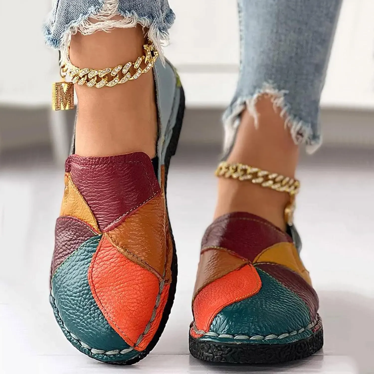 Hbeylia Fashion Sneakers for Women Retro Color Blocking Low Top Leather Round Toe Flats Breathable Slip On Chunky Bottom Dress Oxford Flats Walking Shoes Play Sneakers Loafers