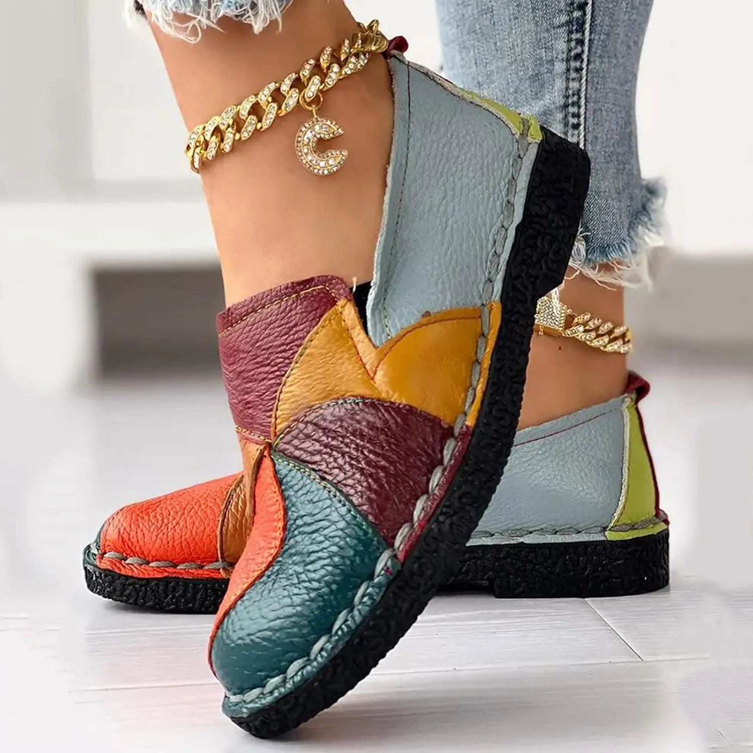Hbeylia Fashion Sneakers for Women Retro Color Blocking Low Top Leather Round Toe Flats Breathable Slip On Chunky Bottom Dress Oxford Flats Walking Shoes Play Sneakers Loafers