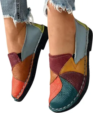 Hbeylia Fashion Sneakers for Women Retro Color Blocking Low Top Leather Round Toe Flats Breathable Slip On Chunky Bottom Dress Oxford Flats Walking Shoes Play Sneakers Loafers