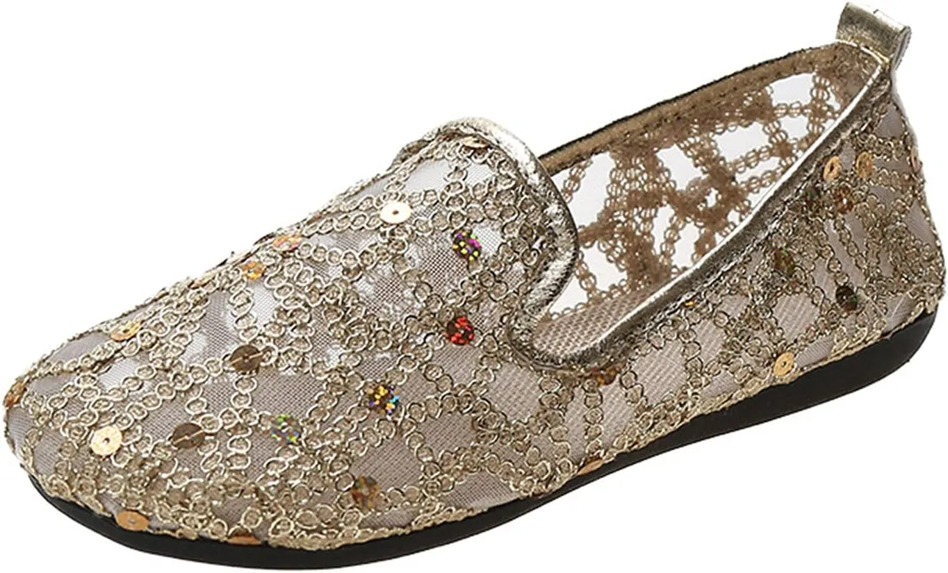Hbeylia Women's Slip-On Ballet Flats Glitter Sequin Breathable Mesh Slip On Flats Loafers Round Toe Dress Shoes Walking Shoes for Women Ladies Girls (Gold, 6.5-7)