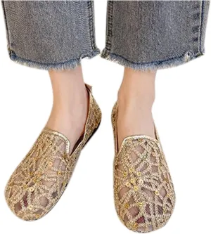 Hbeylia Women's Slip-On Ballet Flats Glitter Sequin Breathable Mesh Slip On Flats Loafers Round Toe Dress Shoes Walking Shoes for Women Ladies Girls (Gold, 6.5-7)