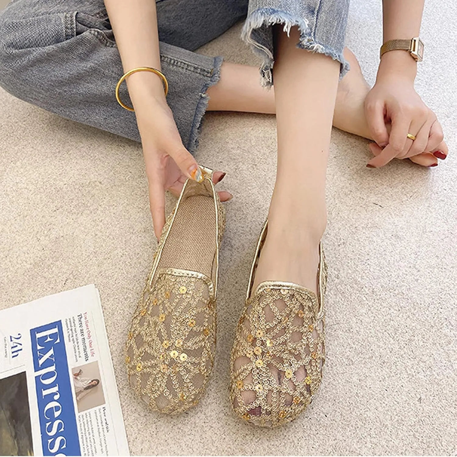 Hbeylia Women's Slip-On Ballet Flats Glitter Sequin Breathable Mesh Slip On Flats Loafers Round Toe Dress Shoes Walking Shoes for Women Ladies Girls (Gold, 6.5-7)