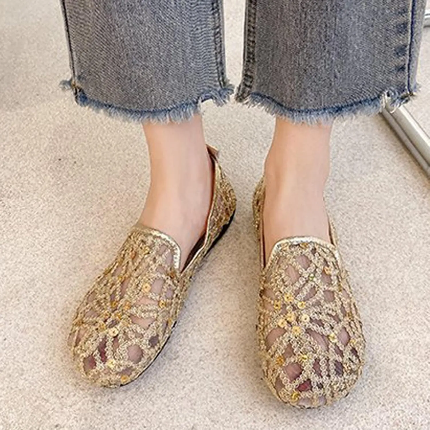 Hbeylia Women's Slip-On Ballet Flats Glitter Sequin Breathable Mesh Slip On Flats Loafers Round Toe Dress Shoes Walking Shoes for Women Ladies Girls (Gold, 6.5-7)