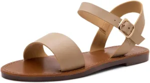 Herstyle Keetton Women's Flat Sandals Open Toe Ladies Dressy Sandals Black White Cognac Flat Sandals Ankle Strap Comfy Casual Sandal for Summer