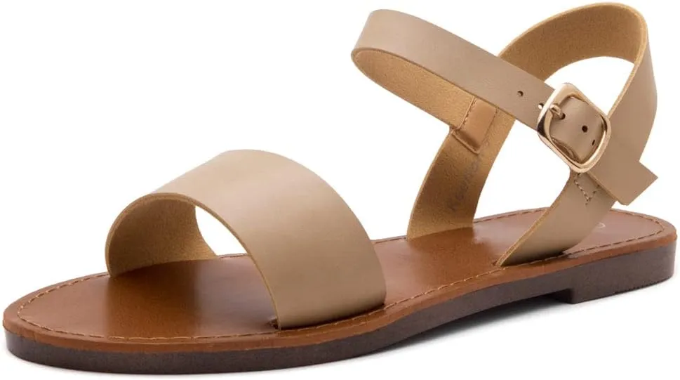 Herstyle Keetton Women's Flat Sandals Open Toe Ladies Dressy Sandals Black White Cognac Flat Sandals Ankle Strap Comfy Casual Sandal for Summer