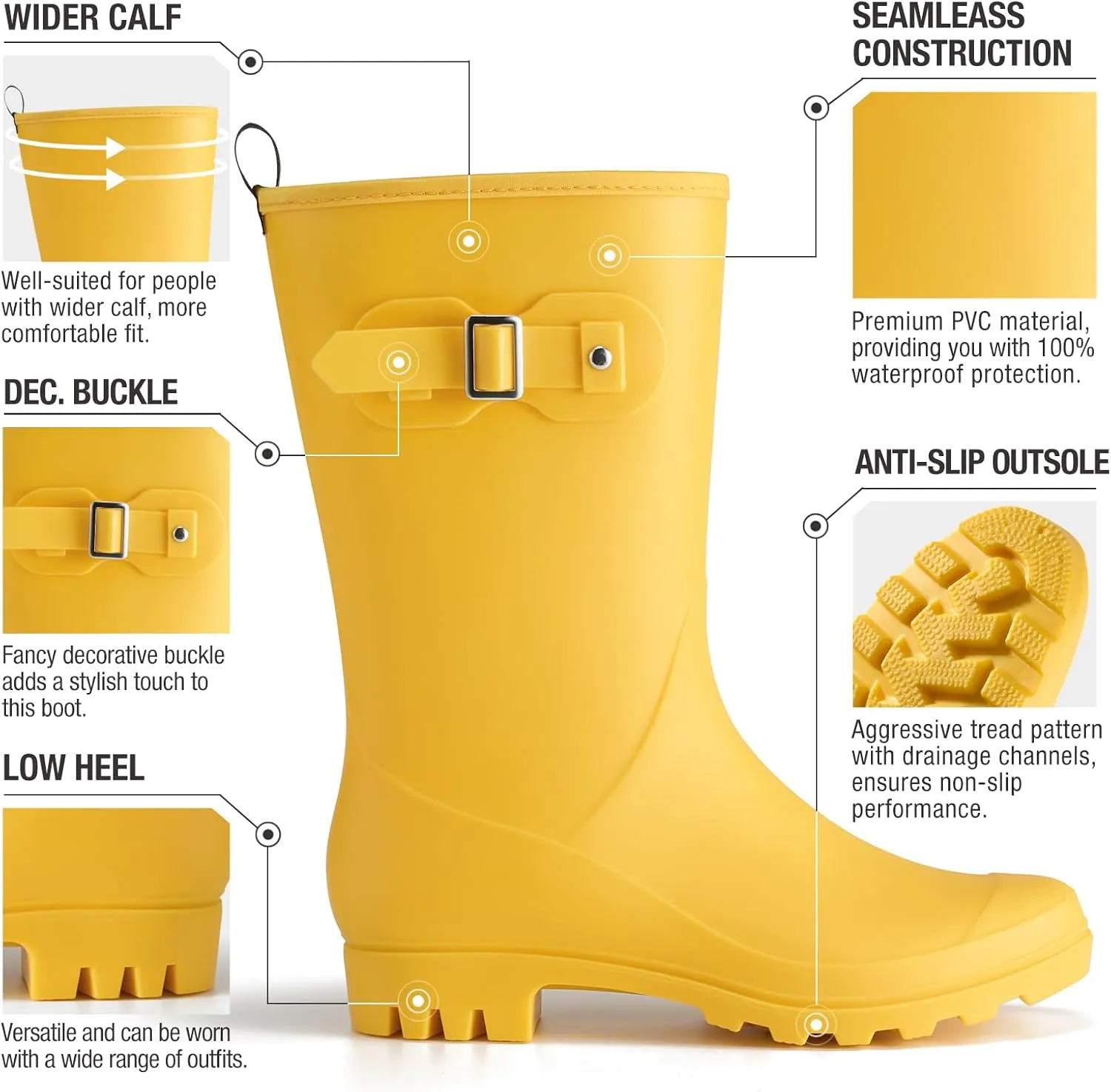 HISEA Mid-calf Rubber Rain Boots for Women Waterproof Wellington Boots for Outdoor