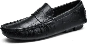 HOOENG Driving Moccasins for Men Round Toe Faux Crocodile Leather Penny Loafer Soft Comfortable Flexible Flat Heel Driving Slip on