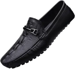 HOOENG Men's Shoes Loafers for Men Faux Crocodile Print Leather Flexible Flat Heel Anti-Slip Comfortable Party Casual Slip On (Color : Black, Size : 10.5)
