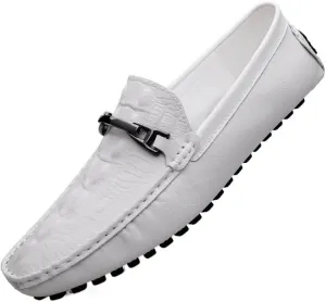 HOOENG Men's Shoes Loafers for Men Faux Crocodile Print Leather Flexible Flat Heel Anti-Slip Comfortable Party Casual Slip On (Color : White, Size : 8)