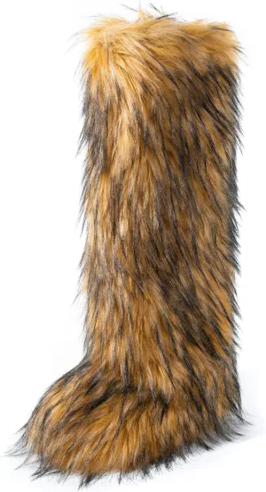 IXU Women's Faux Fur Boot Furry Fluffy Round Toe Suede Winter Comfy Plush Warm Short Outdoor Indoor Flat Shoes Knee-High Boots