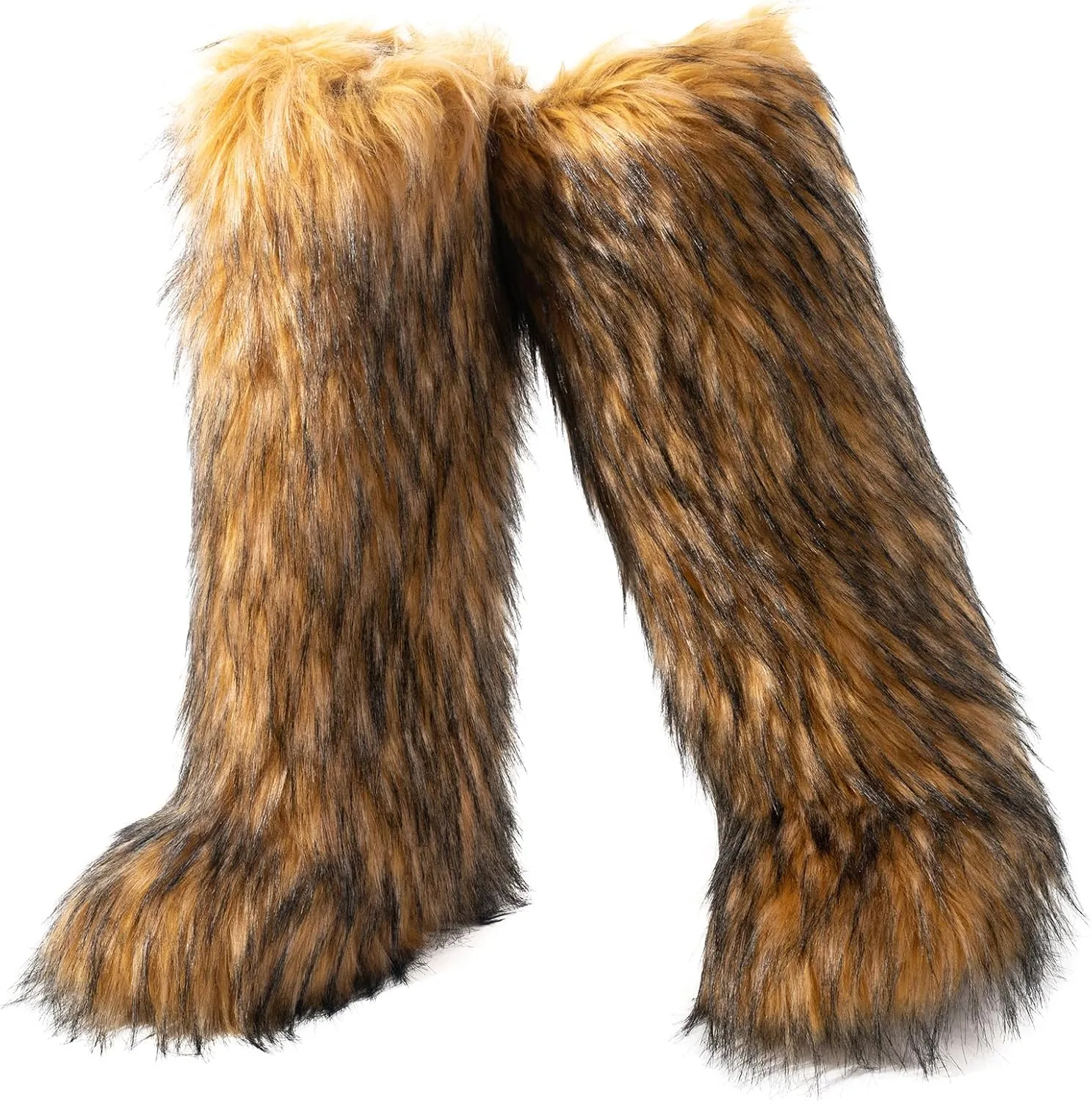 IXU Women's Faux Fur Boot Furry Fluffy Round Toe Suede Winter Comfy Plush Warm Short Outdoor Indoor Flat Shoes Knee-High Boots