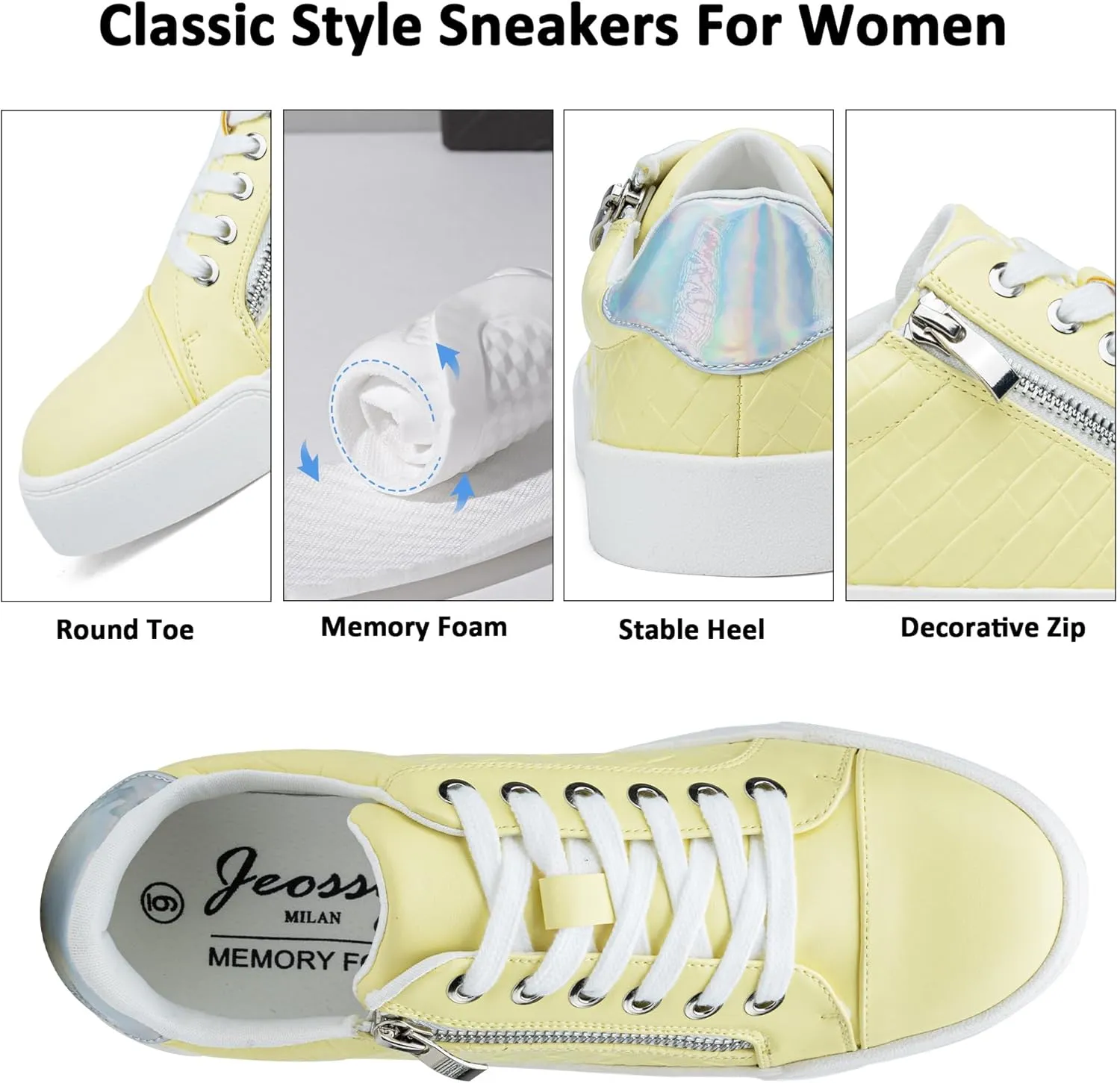 Jeossy Women's Flat Low Top Casual Fashion Sneakers Round Toe Shoes with Zipper