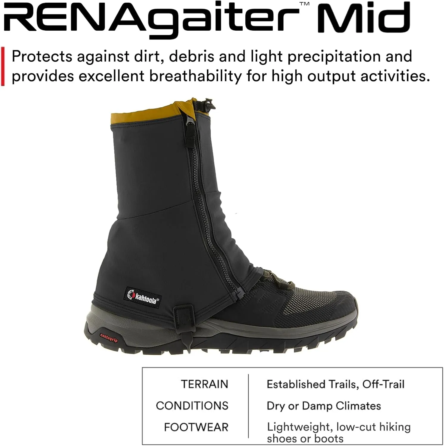 Kahtoola RENAgaiter Mid Gaiters for Hiking, Mountaineering, Trail Running, Shoe & Boot Protection in Mud, Snow & Ice