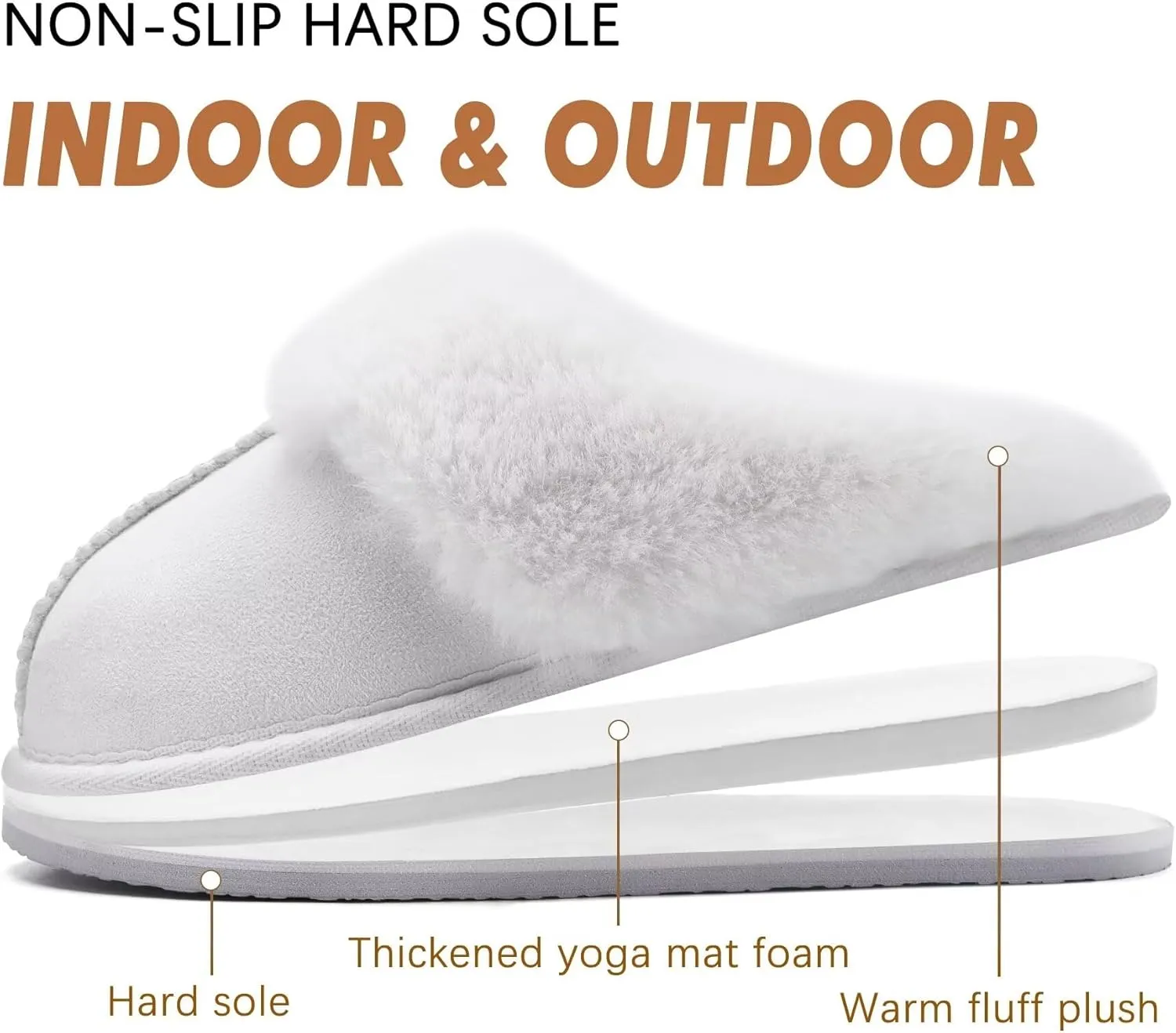 KuaiLu Womens Fluff Dual Memory Foam Slippers Ladies Cozy Arch Support Warm Scuff Slippers Slip on Comfy Winter House Shoes with Non-Slip Indoor Outdoor Hard Sole