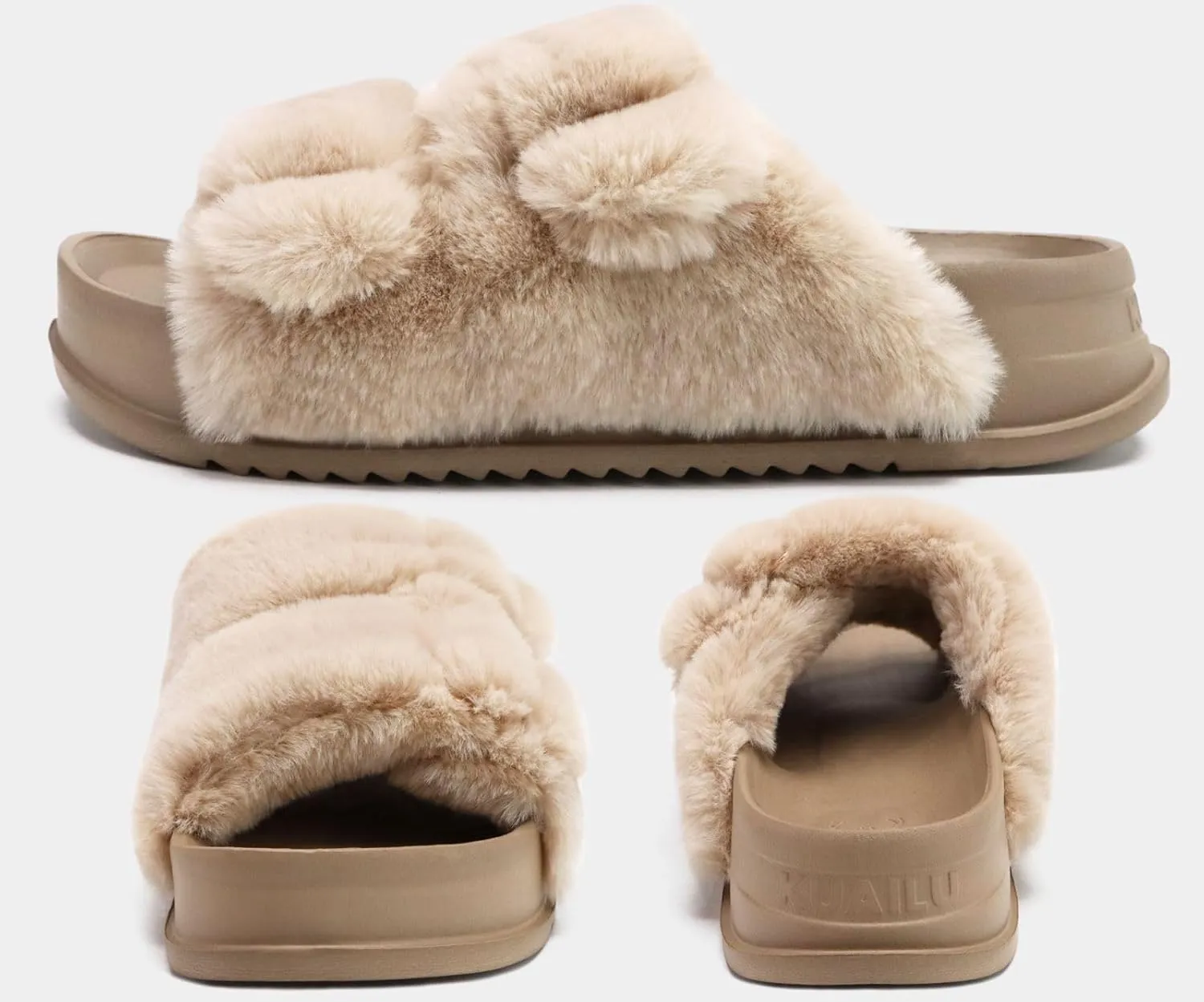 KuaiLu Women's Fluff Slippers Plantar Fasciitis Arch Support Platform Slippers Ladies Fashion Open Toe Faux Fur Sliders Womens House Slipper Size 6-12
