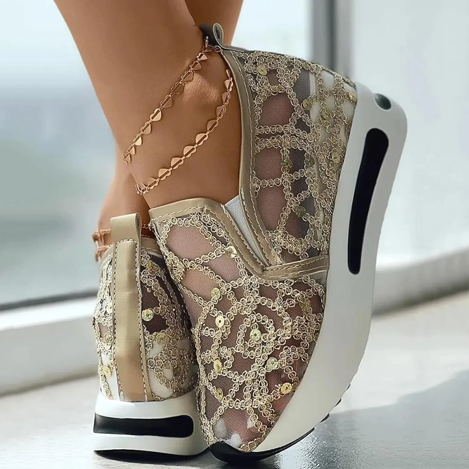 Ladies Fashion Breathable Knitted Mesh Pointed Flat Bottomed Casual Single Shoes Sandals with Heel Women