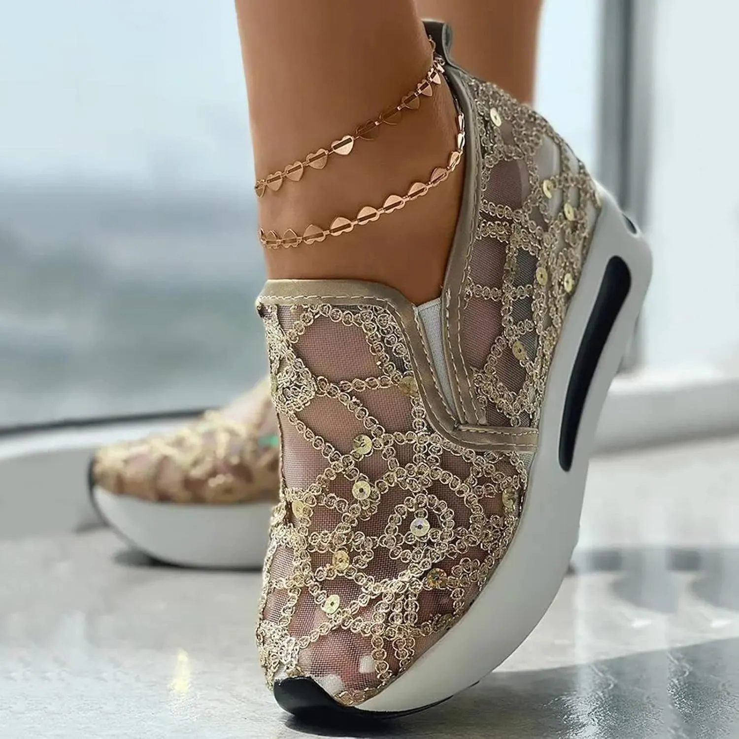 Ladies Fashion Breathable Knitted Mesh Pointed Flat Bottomed Casual Single Shoes Sandals with Heel Women