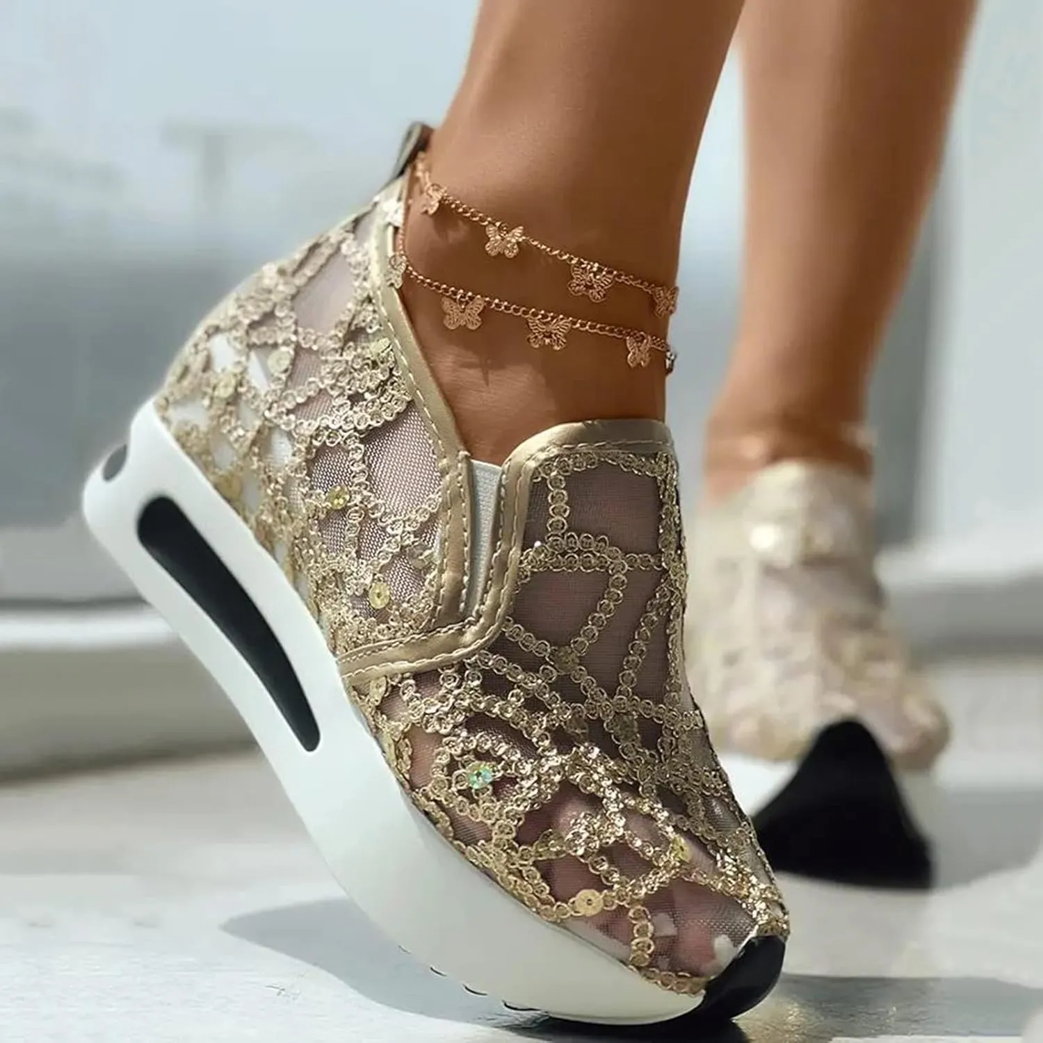 Ladies Fashion Breathable Knitted Mesh Pointed Flat Bottomed Casual Single Shoes Sandals with Heel Women